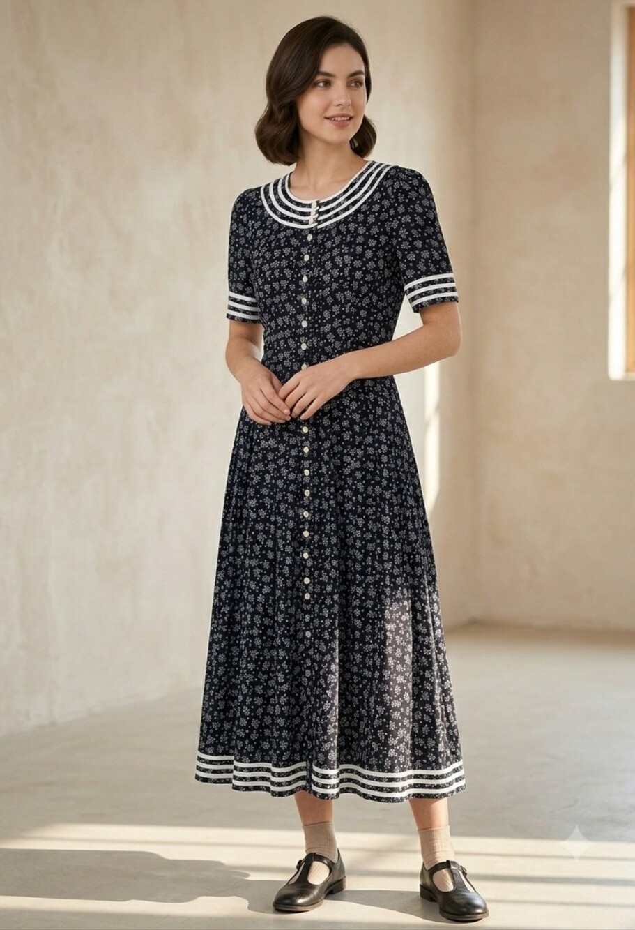 Plaza South Vintage Floral Midi Dress Sailor Collar Cottagecore, Size 12